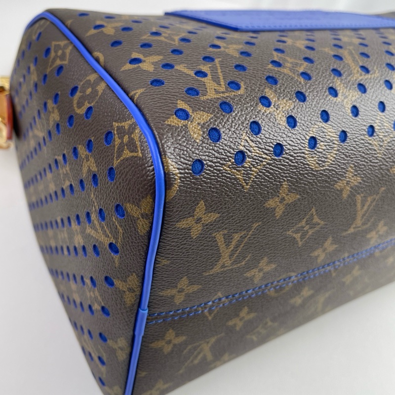 ✨99新🆕 LOUIS VUITTON SPEEDY SOFT 30雙拉鍊開合可拆卸肩帶 Monogram塗層帆布拼牛皮革單肩包手提包 女款 棕拼藍色 芯片款❤️正品保障-3