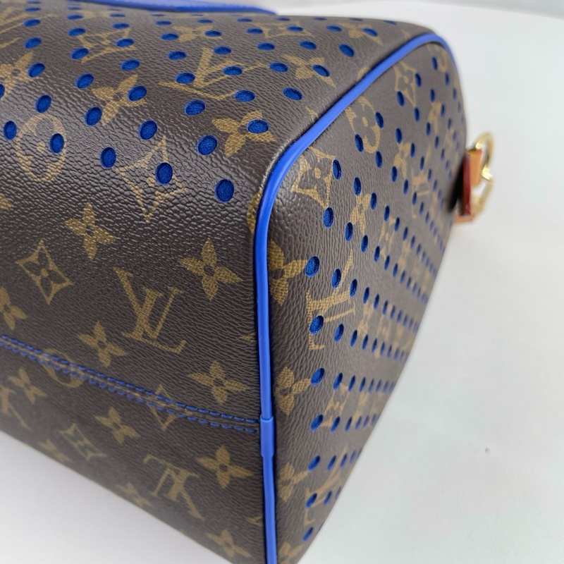 ✨99新🆕 LOUIS VUITTON SPEEDY SOFT 30雙拉鍊開合可拆卸肩帶 Monogram塗層帆布拼牛皮革單肩包手提包 女款 棕拼藍色 芯片款❤️正品保障-4