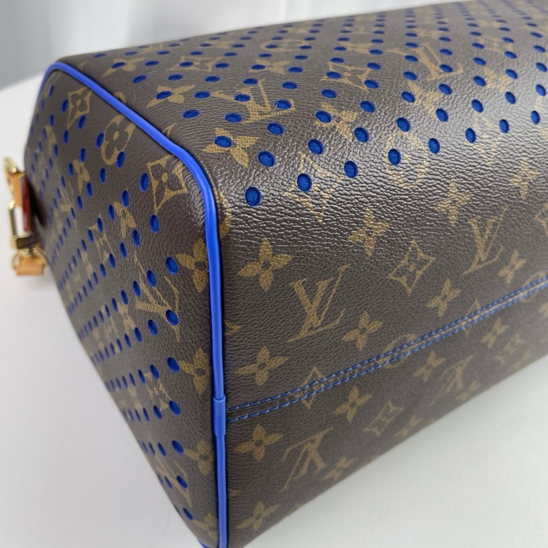 ✨99新🆕 LOUIS VUITTON SPEEDY SOFT 30雙拉鍊開合可拆卸肩帶 Monogram塗層帆布拼牛皮革單肩包手提包 女款 棕拼藍色 芯片款❤️正品保障-5