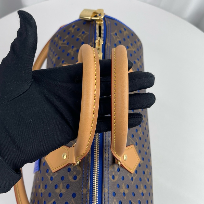 ✨99新🆕 LOUIS VUITTON SPEEDY SOFT 30雙拉鍊開合可拆卸肩帶 Monogram塗層帆布拼牛皮革單肩包手提包 女款 棕拼藍色 芯片款❤️正品保障-7