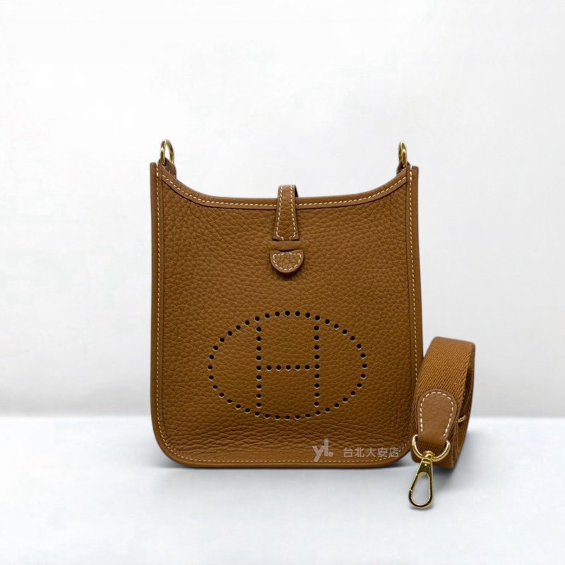 A13216-HERMES Mini Evelyne 37駝色TC皮金釦斜背包H069426CCCI-0