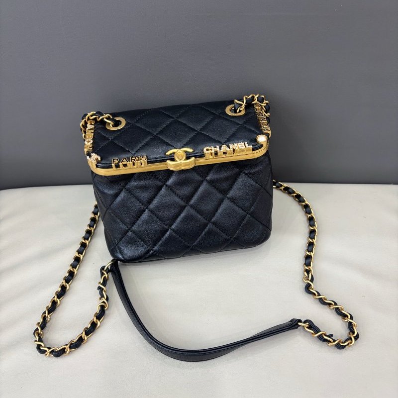近新品 香奈兒/Chanel 黑金kiss lock蛙口鏈條包 芯片款-0