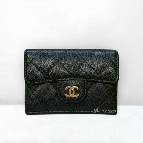 A13217-CHANEL 黑荔枝牛皮金釦前蓋後釦Mini短夾/AP0230