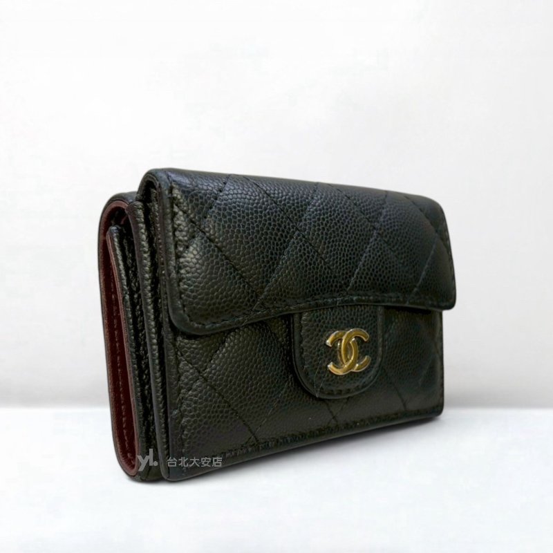 A13217-CHANEL 黑荔枝牛皮金釦前蓋後釦Mini短夾/AP0230-1