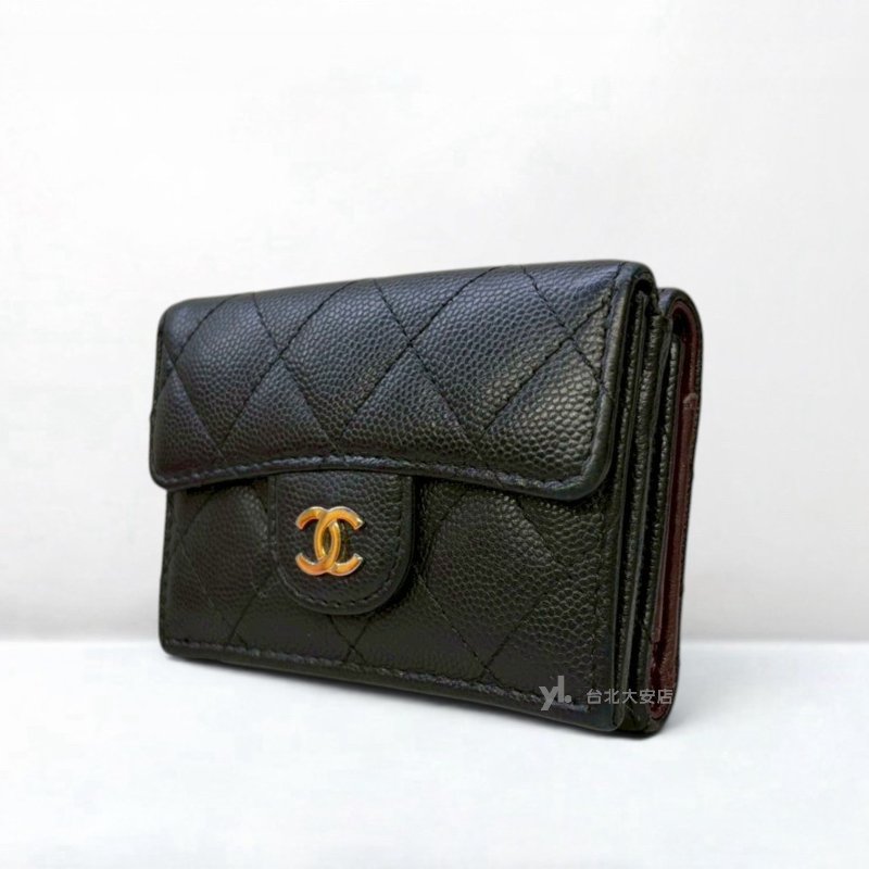 A13217-CHANEL 黑荔枝牛皮金釦前蓋後釦Mini短夾/AP0230-2
