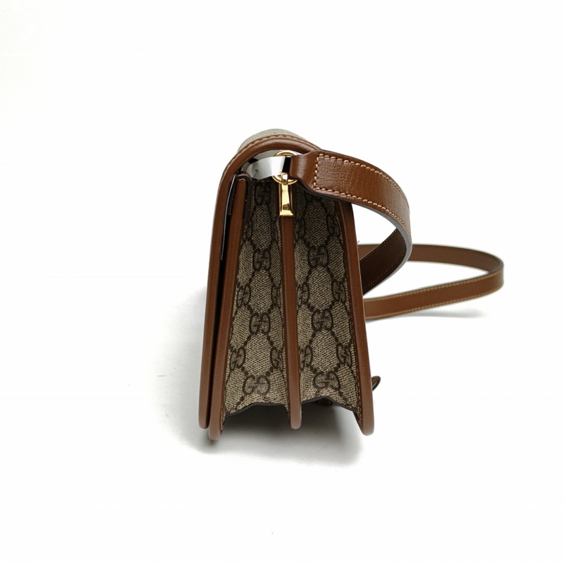 GUCCI 老花PVC金扣Logo郵差風琴包單肩包-1