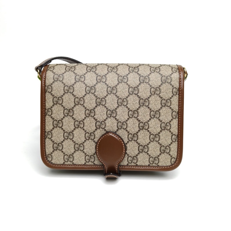 GUCCI 老花PVC金扣Logo郵差風琴包單肩包-2