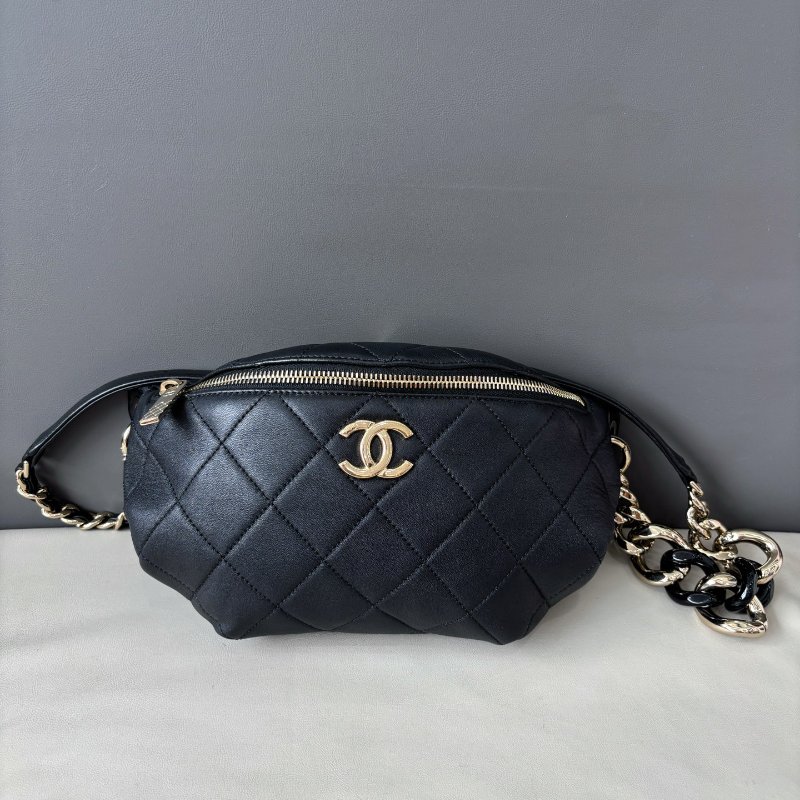 香奈兒/Chanel 黑金羊皮琺瑯鏈條腰包胸包-5