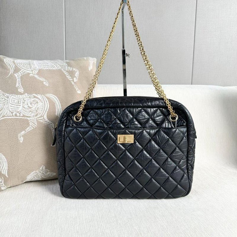 Chanel 黑金2.55鏈條相機包 黑色 金扣 油蠟皮 32*23*10 99新配件塵袋-0