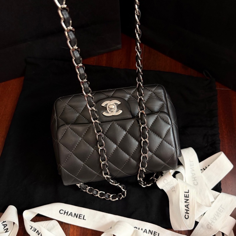 Chanel • Cf 17 經典碳灰色羊皮銀釦方胖子-2