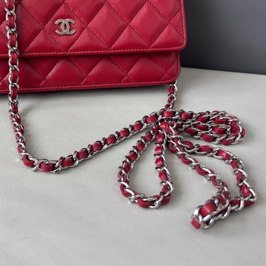 香奈兒/Chanel 深紅色羊皮woc鏈條包-9