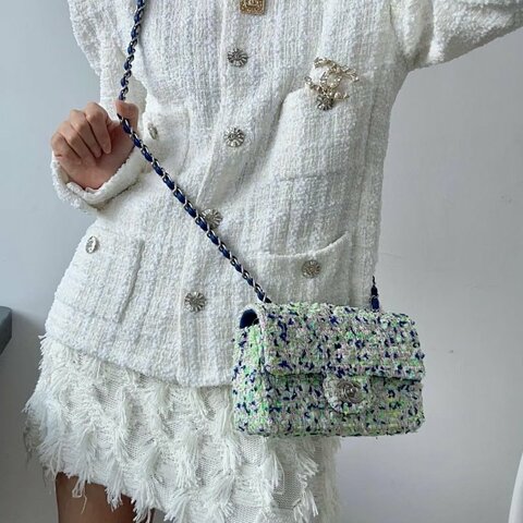 Chanel 粗花呢雙蓋CF中號  芯片款 藍綠拼色毛呢 銀扣 26*15*7 99新配件塵袋