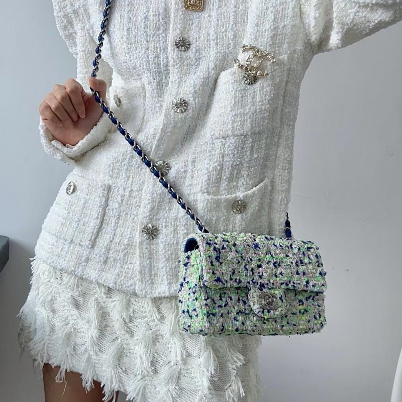 Chanel 粗花呢雙蓋CF中號 芯片款 藍綠拼色毛呢 銀扣 26*15*7 99新配件塵袋-0