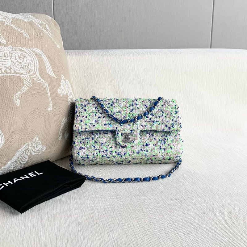 Chanel 粗花呢雙蓋CF中號 芯片款 藍綠拼色毛呢 銀扣 26*15*7 99新配件塵袋-2
