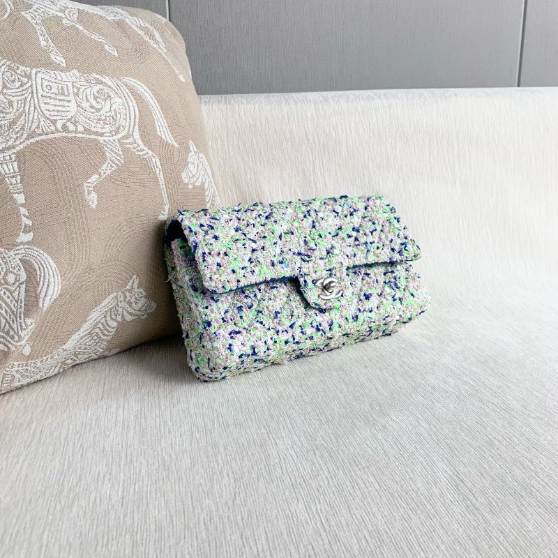 Chanel 粗花呢雙蓋CF中號 芯片款 藍綠拼色毛呢 銀扣 26*15*7 99新配件塵袋-3