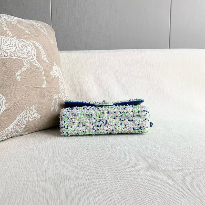 Chanel 粗花呢雙蓋CF中號 芯片款 藍綠拼色毛呢 銀扣 26*15*7 99新配件塵袋-4