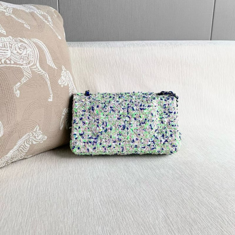 Chanel 粗花呢雙蓋CF中號 芯片款 藍綠拼色毛呢 銀扣 26*15*7 99新配件塵袋-6