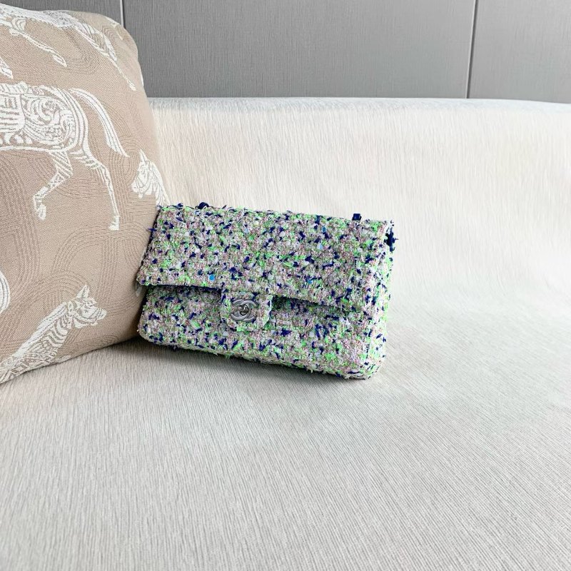 Chanel 粗花呢雙蓋CF中號 芯片款 藍綠拼色毛呢 銀扣 26*15*7 99新配件塵袋-7