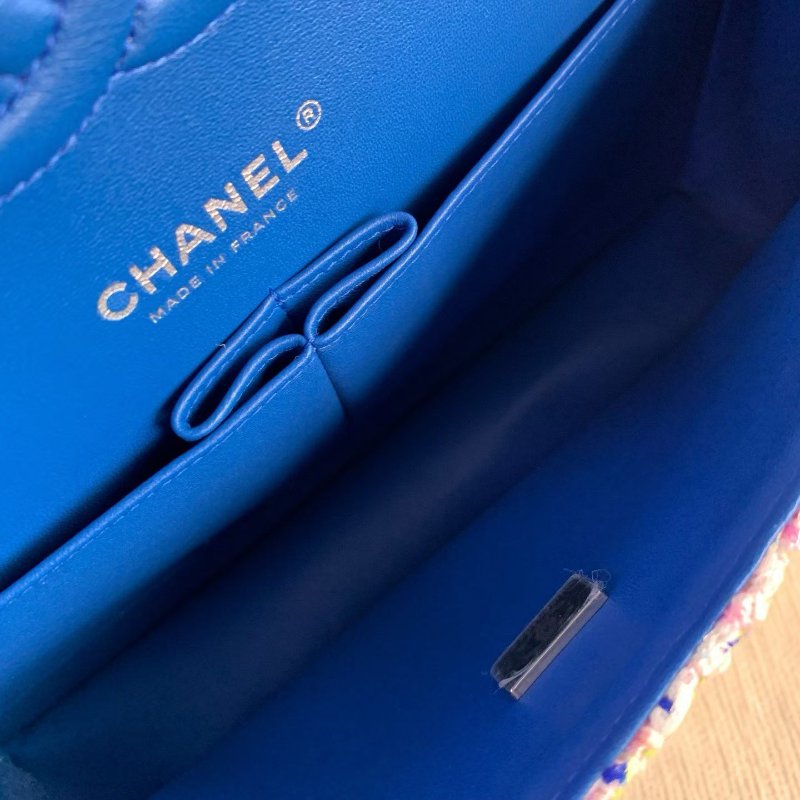 Chanel 粗花呢雙蓋CF中號 芯片款 藍綠拼色毛呢 銀扣 26*15*7 99新配件塵袋-8