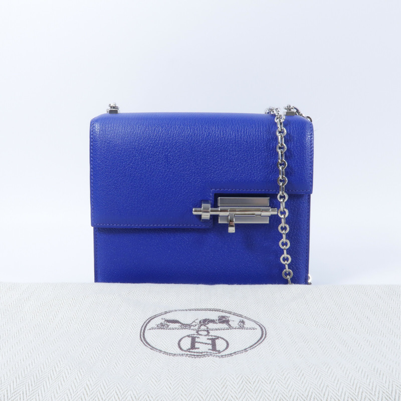 HERMES Chevre皮革Verrou Mini鏈帶肩背袋Bleu Electrique-9