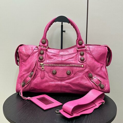 BALENCIAGA 玫粉色大號 手提肩背機車包 42*23*17 98新配件 鏡子 塵袋