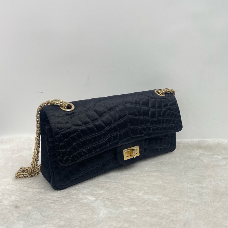 Chanel • 稀有2.55 黑金絲綢鱷魚壓紋法棍鏈條包-5