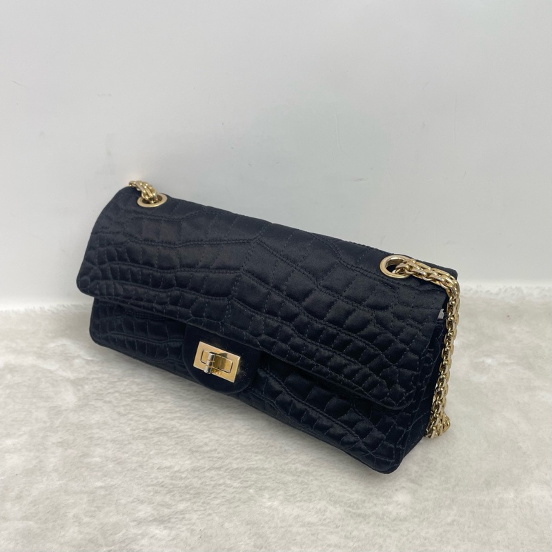 Chanel • 稀有2.55 黑金絲綢鱷魚壓紋法棍鏈條包-6