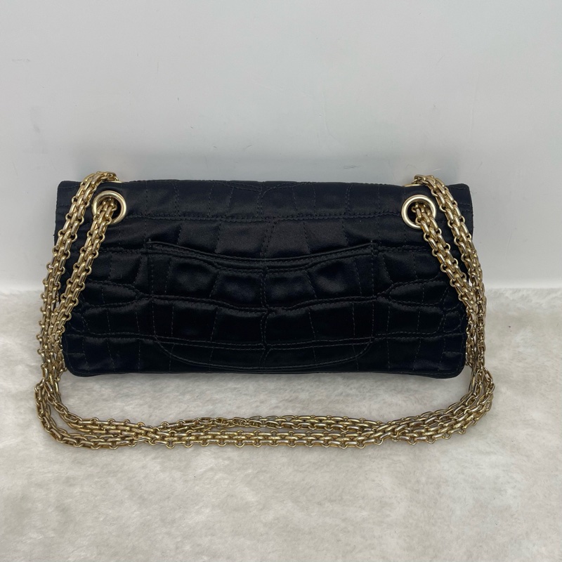Chanel • 稀有2.55 黑金絲綢鱷魚壓紋法棍鏈條包-8