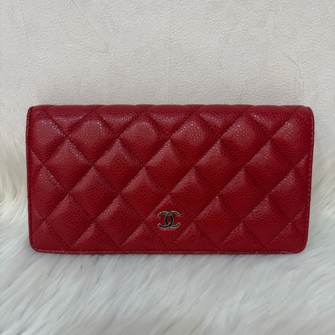 CHANEL A31509 COCO 紅皮菱格 銀釦 拉鍊 零錢 對折長夾 皮夾 發財夾