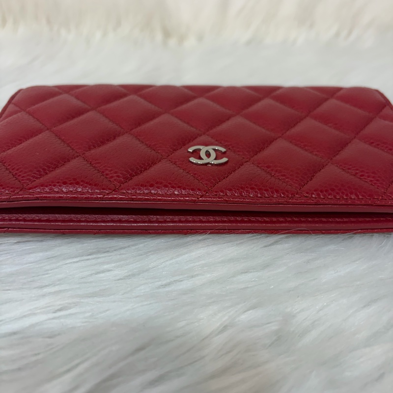 CHANEL A31509 COCO 紅皮菱格 銀釦 拉鍊 零錢 對折長夾 皮夾 發財夾-4