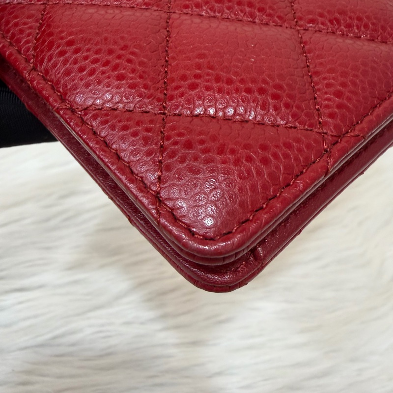 CHANEL A31509 COCO 紅皮菱格 銀釦 拉鍊 零錢 對折長夾 皮夾 發財夾-5