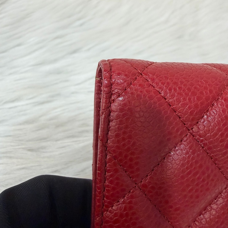 CHANEL A31509 COCO 紅皮菱格 銀釦 拉鍊 零錢 對折長夾 皮夾 發財夾-11