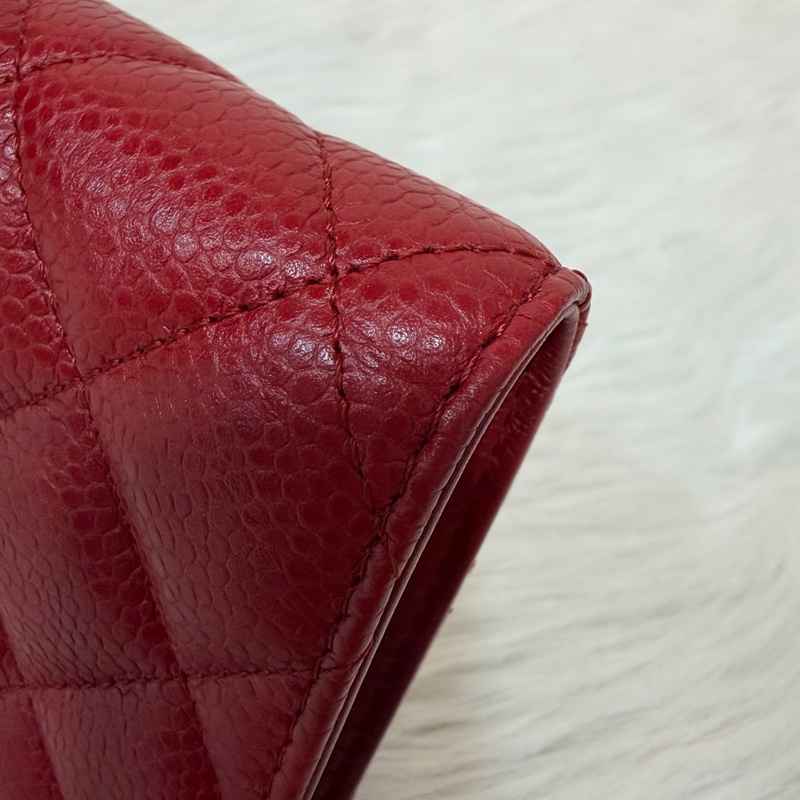 CHANEL A31509 COCO 紅皮菱格 銀釦 拉鍊 零錢 對折長夾 皮夾 發財夾-14