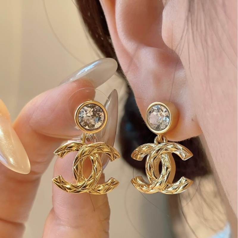 💖Chanel 帶鑽 垂墜 菱格紋 耳環💖 金色 全新-2