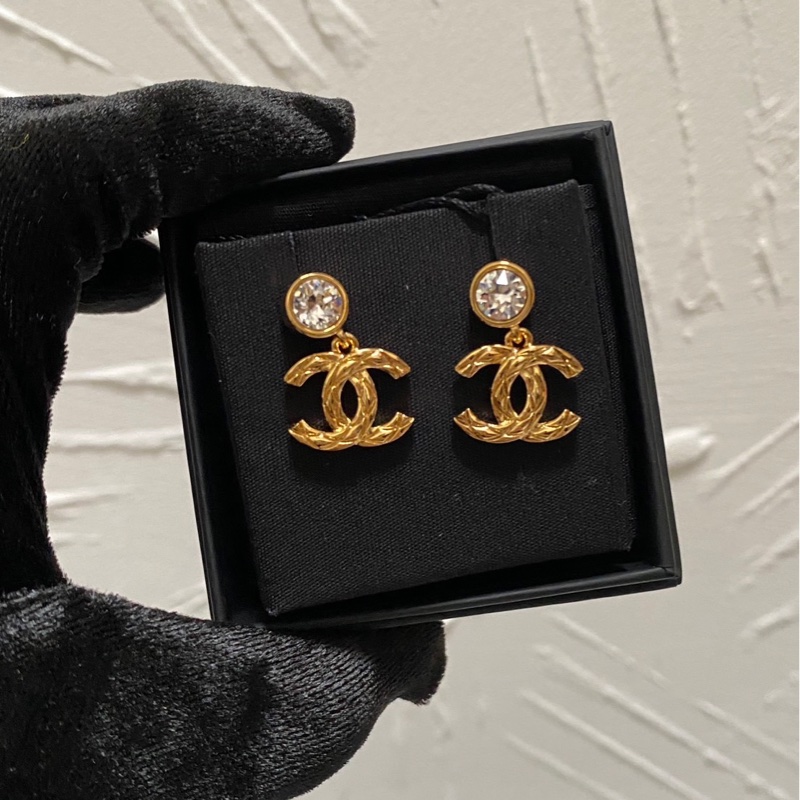 💖Chanel 帶鑽 垂墜 菱格紋 耳環💖 金色 全新-3