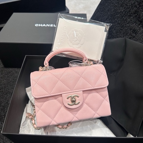 98新閑置品香奈兒 Chanel 牛奶盒子粉色荔枝皮手柄mini 25s芯片