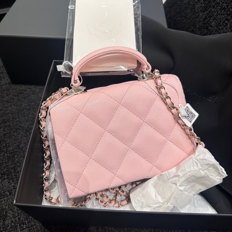 98新閑置品香奈兒 Chanel 牛奶盒子粉色荔枝皮手柄mini 25s芯片-9