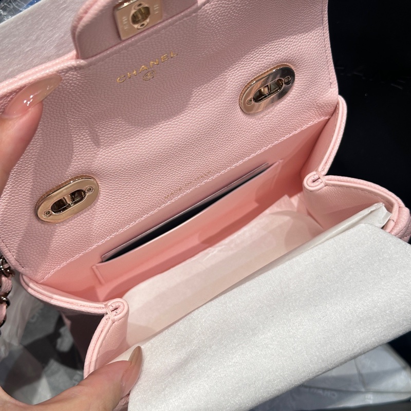 98新閑置品香奈兒 Chanel 牛奶盒子粉色荔枝皮手柄mini 25s芯片-13