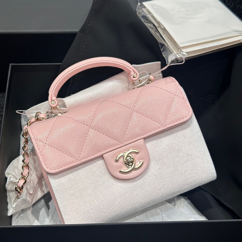 98新閑置品香奈兒 Chanel 牛奶盒子粉色荔枝皮手柄mini 25s芯片-17