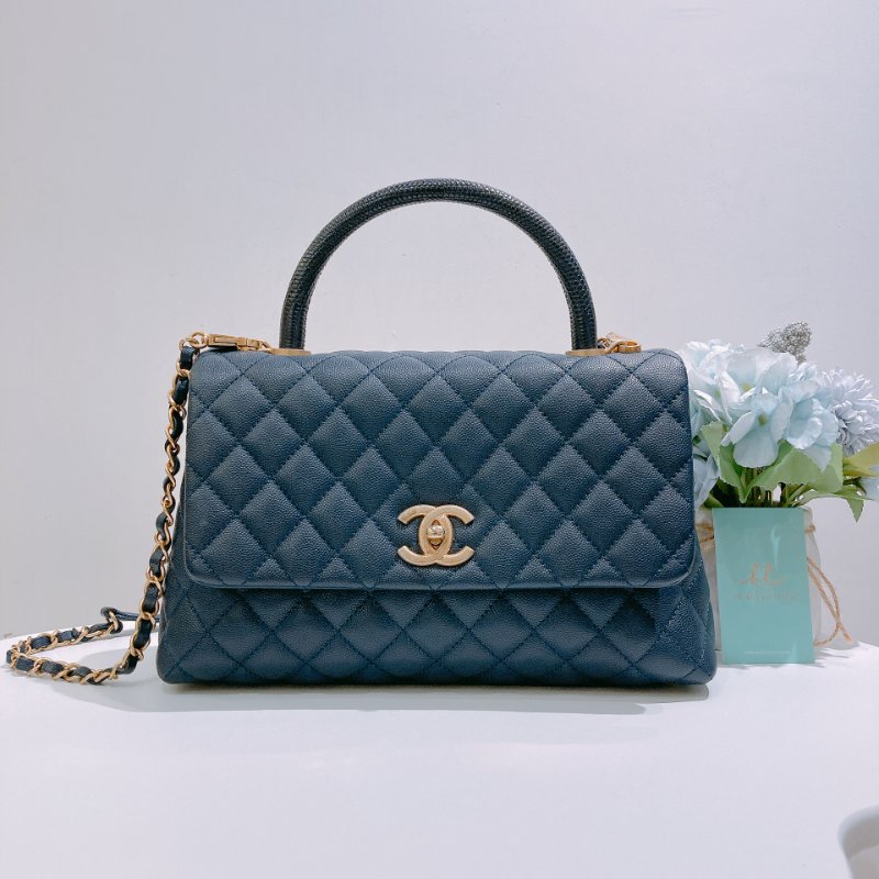 TW4857 Chanel 香奈兒 中號 手拎單肩包 深藍色 Medium Coco Handle Bag Caviar And Lizard Larther Navy-0