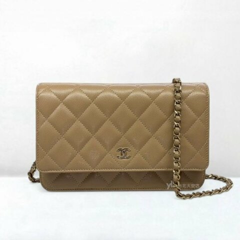A13153-Chanel 奶茶色荔枝菱格牛皮淡金釦WOC/AP0250