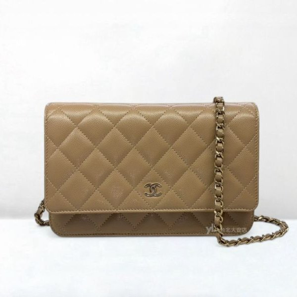A13153-Chanel 奶茶色荔枝菱格牛皮淡金釦WOC/AP0250-0
