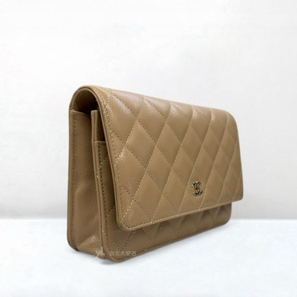 A13153-Chanel 奶茶色荔枝菱格牛皮淡金釦WOC/AP0250-1
