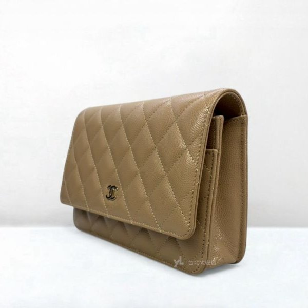 A13153-Chanel 奶茶色荔枝菱格牛皮淡金釦WOC/AP0250-2