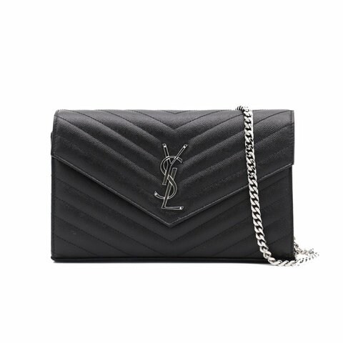【YSL】SAINT LAURENT Cassandre Chain Wallet WOC 魚子醬牛皮 鍊條包 手拿包 肩背包 黑色 銀色 377828