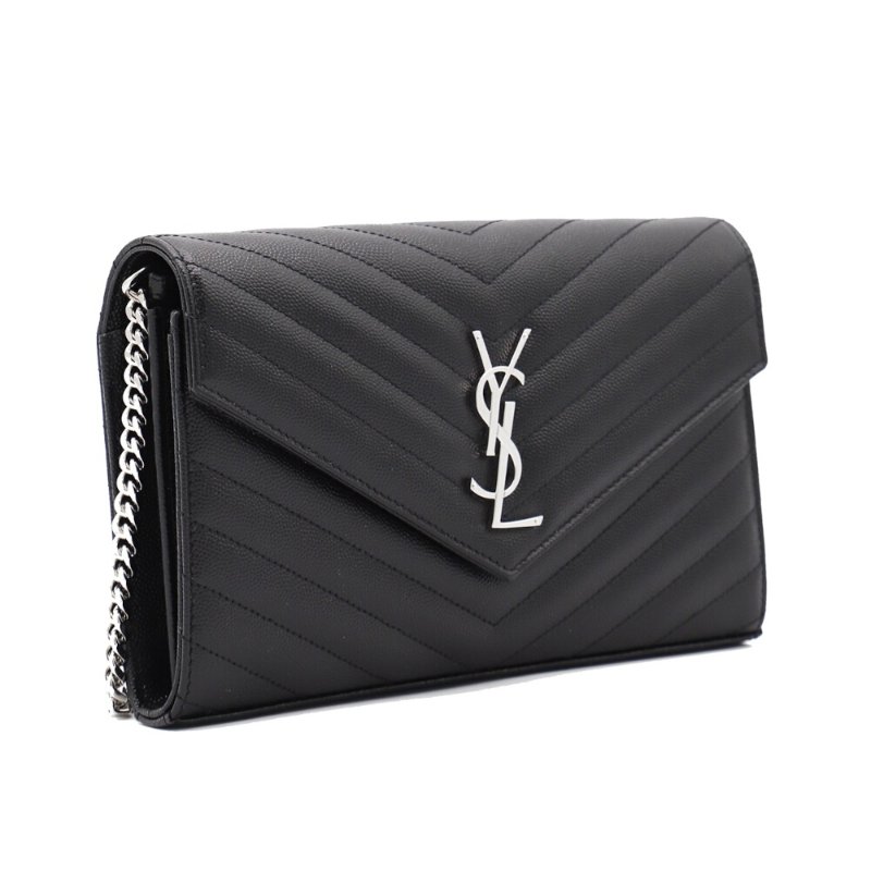 【YSL】SAINT LAURENT Cassandre Chain Wallet WOC 魚子醬牛皮 鍊條包 手拿包 肩背包 黑色 銀色 377828-1
