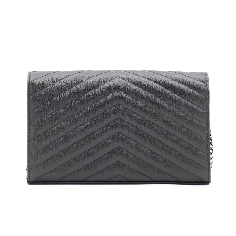 【YSL】SAINT LAURENT Cassandre Chain Wallet WOC 魚子醬牛皮 鍊條包 手拿包 肩背包 黑色 銀色 377828-3