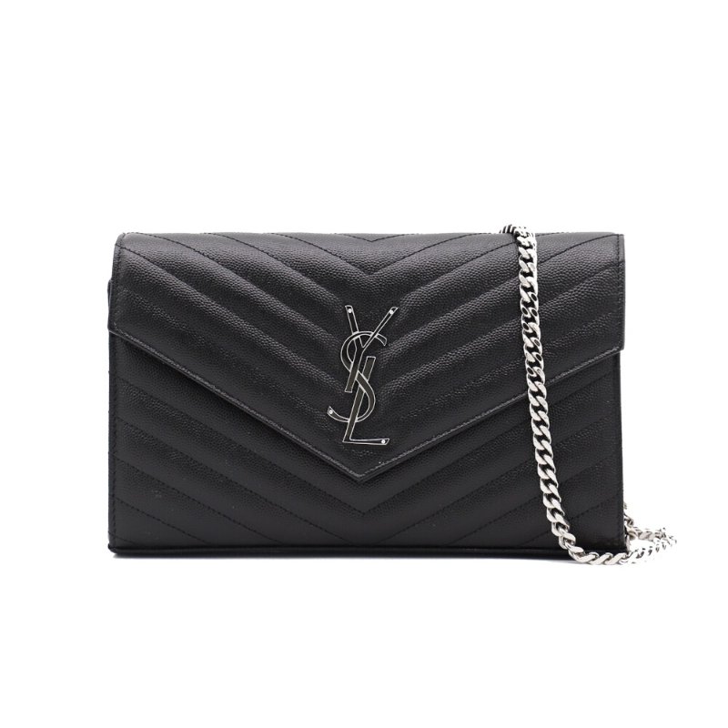 【YSL】SAINT LAURENT Cassandre Chain Wallet WOC 魚子醬牛皮 鍊條包 手拿包 肩背包 黑色 銀色 377828-4