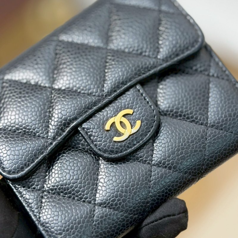 🏷Chanel 香奈兒．Coco 經典三折短夾 荔枝牛黑金-14