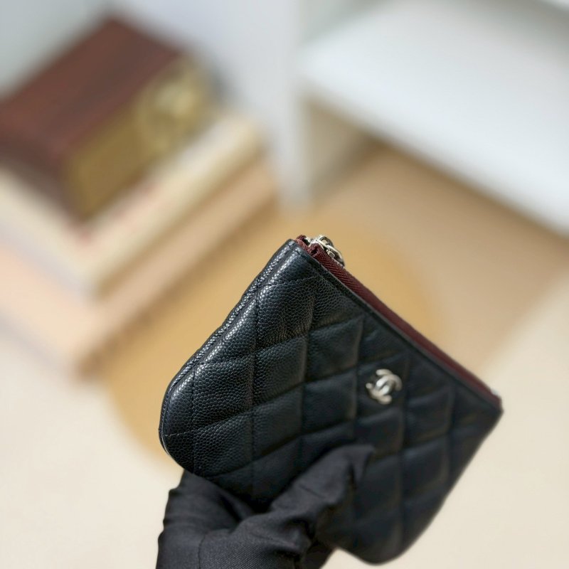 🏷Chanel 香奈兒．Coco 一字零錢包 荔枝牛黑銀 芯片款-8